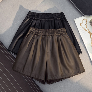 女宽松休闲A字阔腿靴裤 2025秋冬新款 百搭高腰显瘦皮短裤 时尚 韩版