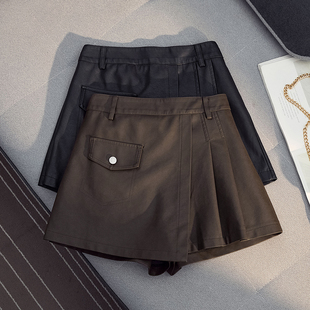 宽松休闲打底靴裤 潮阔腿显瘦高腰外穿裙裤 子 女2025秋冬新款 皮短裤