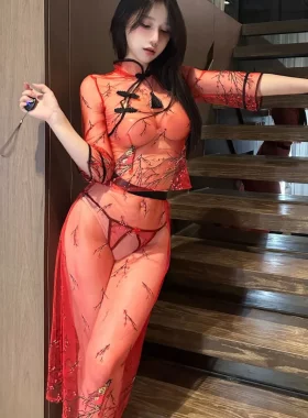 6837春节不打烊性感新中式旗袍样式妩媚气质小女人轻薄纱裙套装