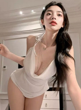 4972潮尚夜总会性感v挂脖系带露背镂空辣妹白色透视连衣裙夜店女