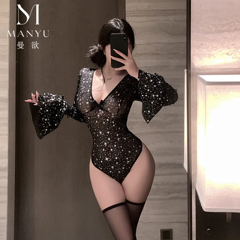 6345潮尚夜总会黑色内衣欧美风连体套装满天星网纱性感制服连体衣