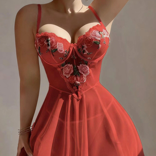 潮尚夜总会刺绣花朵重工性感透视网纱睡裙女蕾丝连衣裙超短裙辣妹