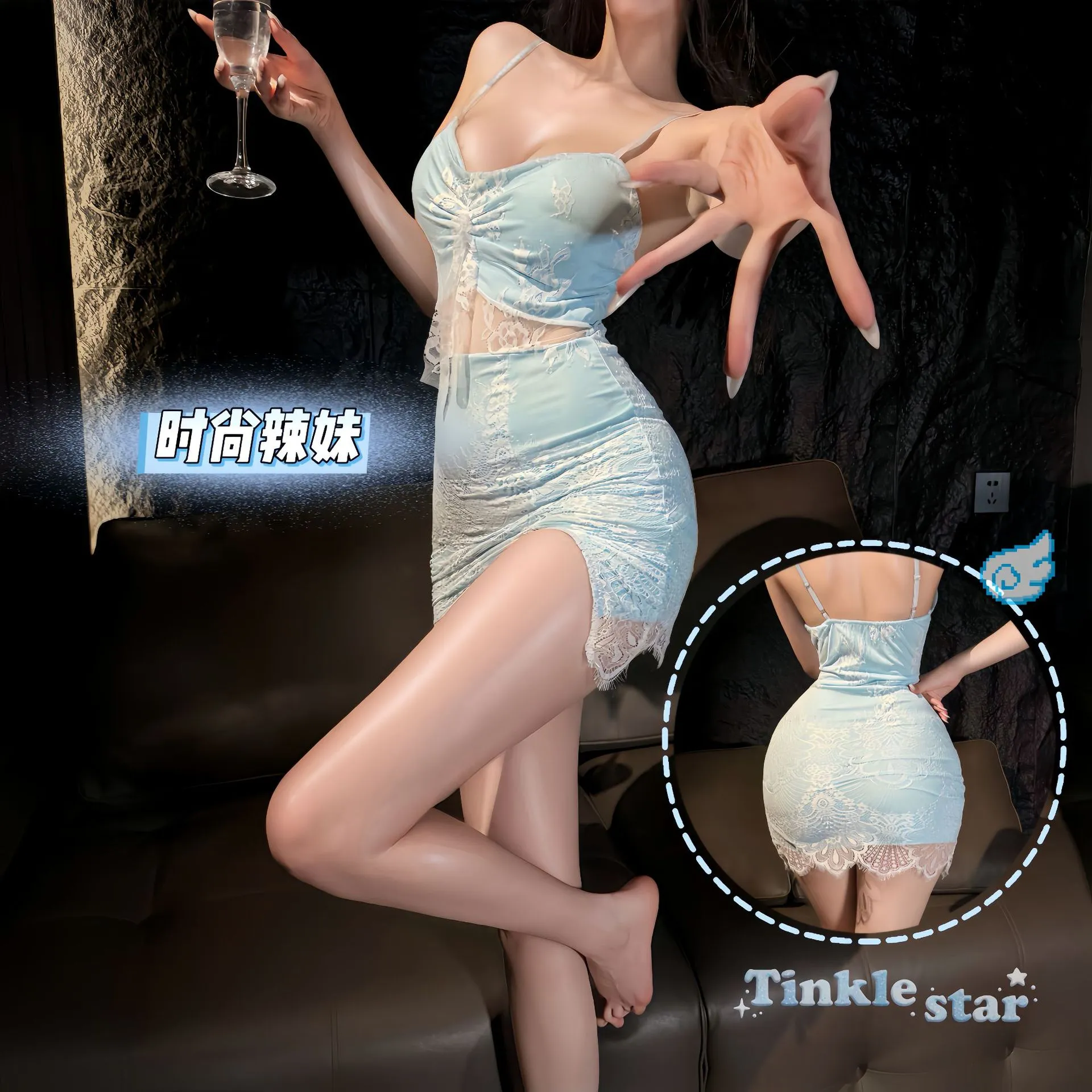 7143潮尚夜总会纯欲性感趣味制服禁欲系镂空蕾丝秘书空姐包臀裙