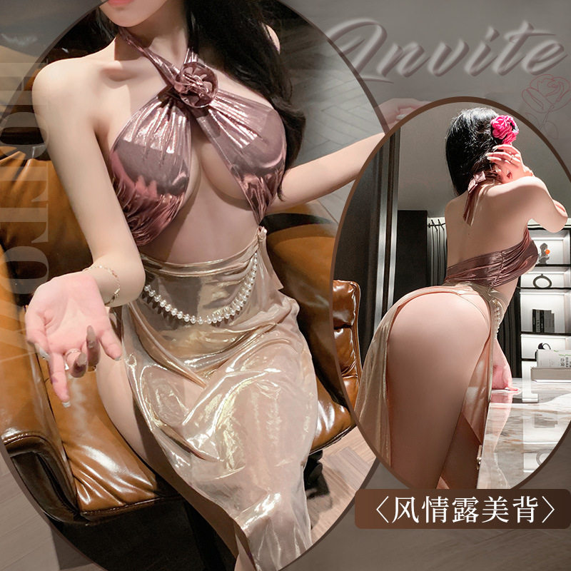 3057潮尚夜总会 傣族风立体玫瑰点缀长裙内衣性感露沟纯欲连衣裙