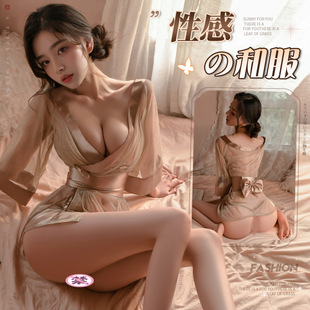 3099潮尚夜总会内性感细闪透视薄纱深V开襟日系和服外罩衫连衣裙