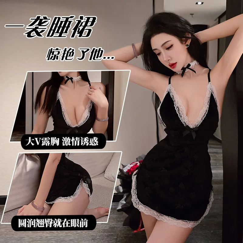 4813潮尚夜总会桑拿内衣性感诱惑吊带睡衣蕾丝边V领睡裙连衣裙