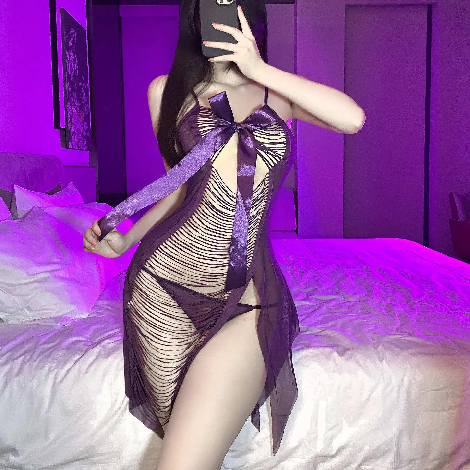 5060潮尚夜总会流苏镂空免脱蝴蝶结半透开叉睡裙连衣裙夜店女网纱