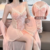 6493潮尚夜总会性感透视吊带睡裙植绒网纱拼接睡衣纯欲家居服套装