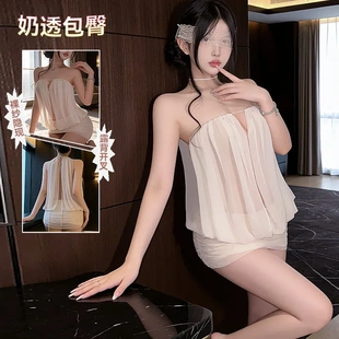8247潮尚夜总会夫妻时尚性感挂脖网纱拼接修身褶皱包臀连衣裙女