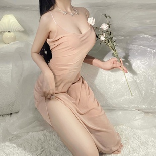 潮尚夜总会透视装黑色网纱连衣裙吊带长裙辣妹夜店女装开衩裙子夏
