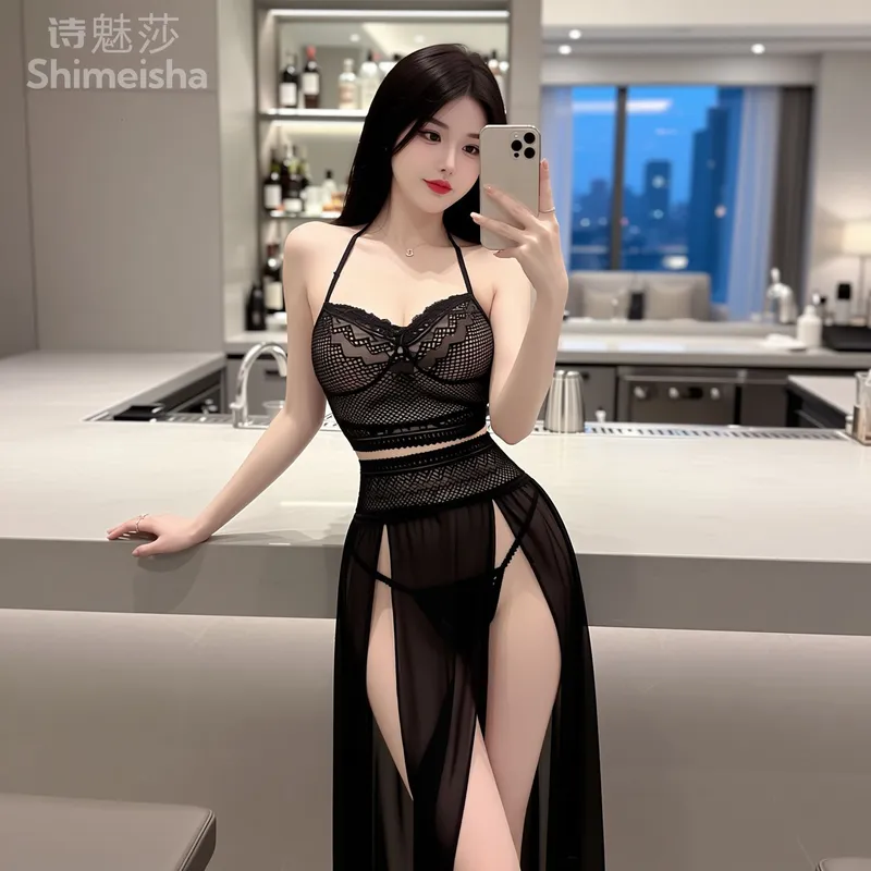 8207潮尚夜总会夫妻内衣女透视网纱性感露背修身长裙套装制服