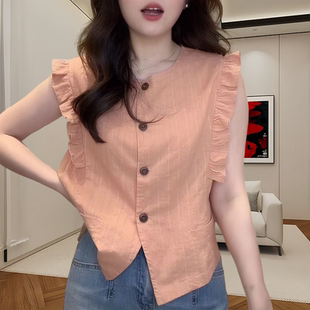 女夏季 气质百搭上衣 无袖 时尚 法式 小衫 新款 衬衫 圆领荷叶边设计薄款