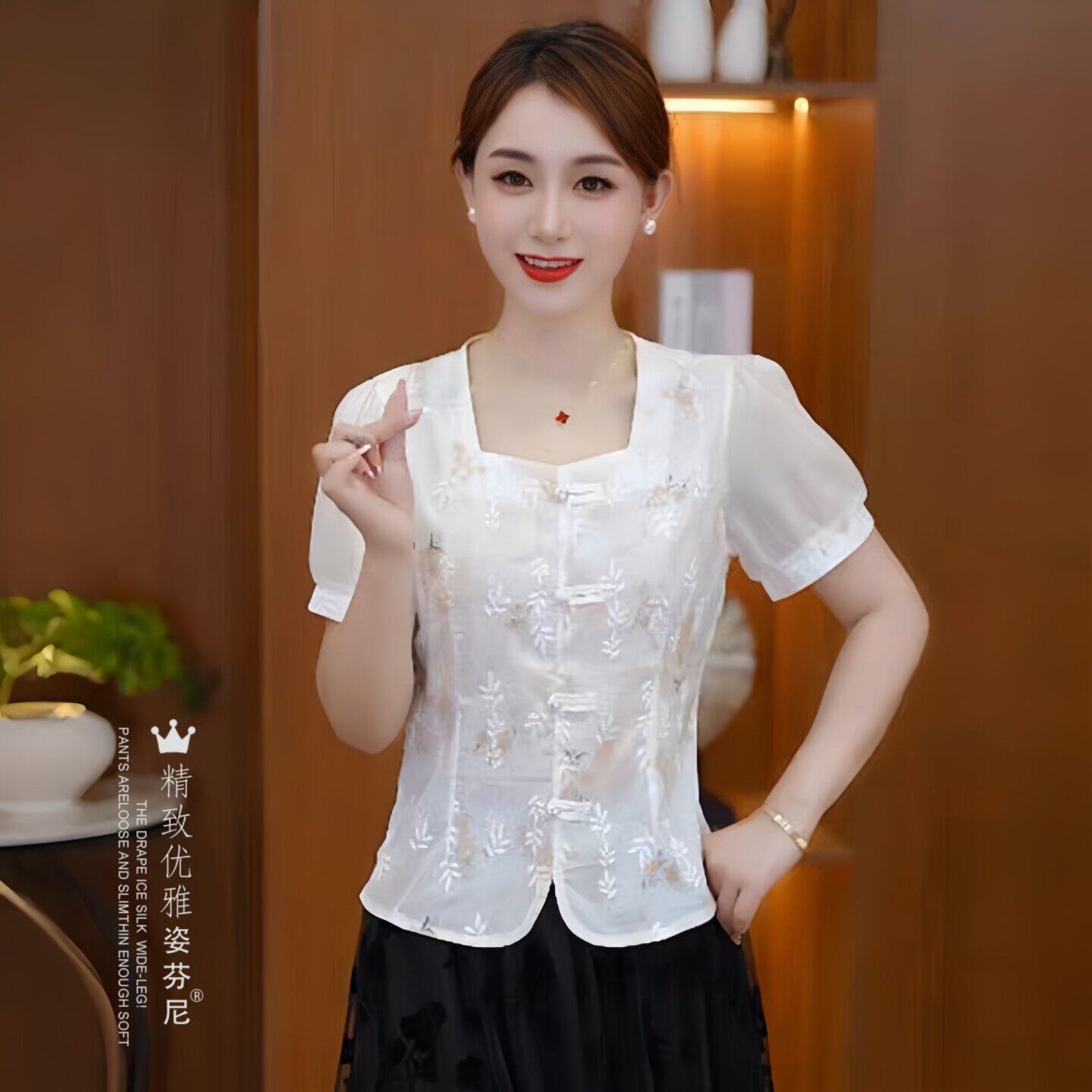 国风短袖雪纺衬衫女夏季新款洋气V领印花小衫小个子显瘦短款上衣