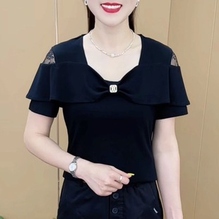 小衫 夏季 蝴蝶结蕾丝露肩设计T恤女休闲百搭气质短袖 新款 上衣 时尚
