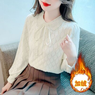 加绒欧货娃领蕾丝打底衫女