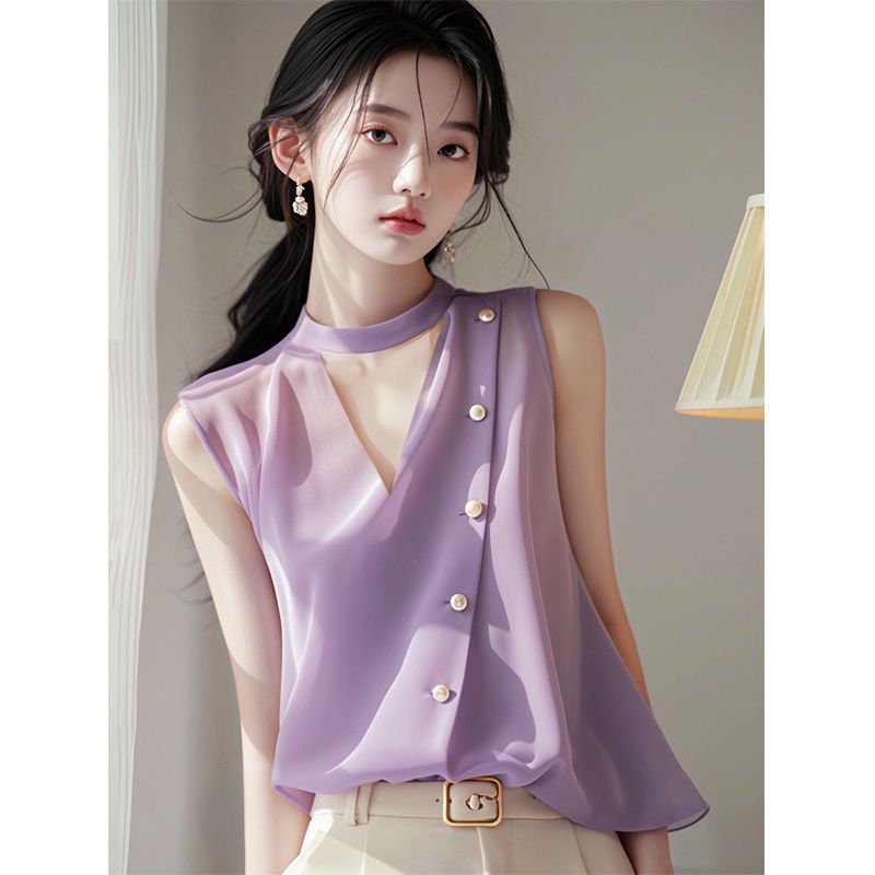 韩版显瘦高级感雪纺衫上衣2025法式洋气挂脖无袖衬衫女夏季外穿