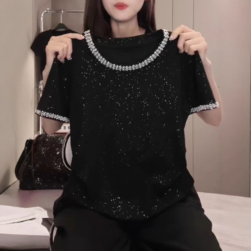纯棉高级感满天星镶钻短袖t恤女装大码胖MM夏季显瘦修身半袖上衣