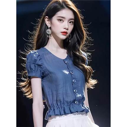 蓝色短袖衬衫女夏季短款洋气卡腰小衫时尚时髦法式高级感雪纺上衣