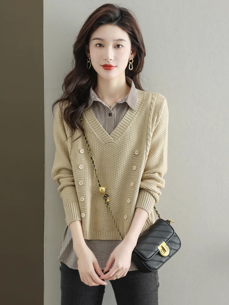 秋装衬衫领毛衣女假两件针织衫时尚洋气打底衫上衣秋冬季2023新款