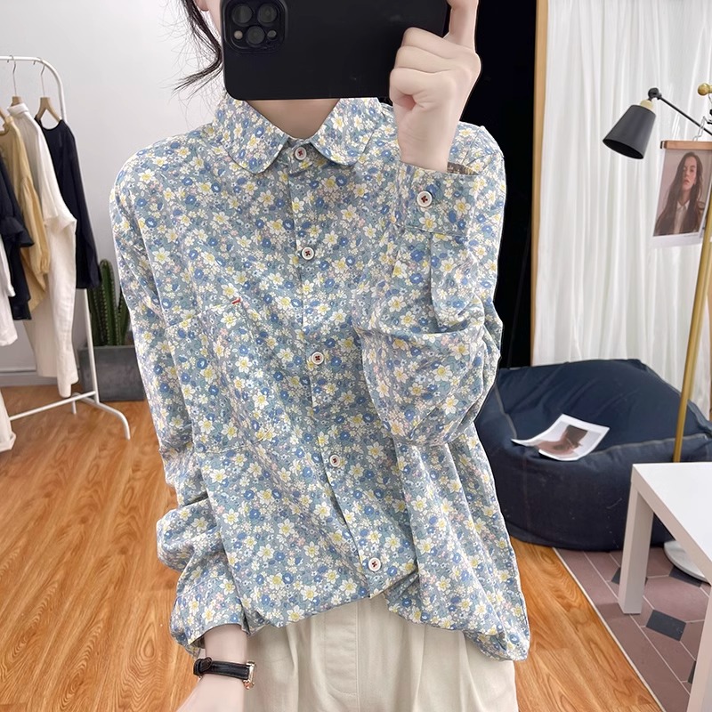 元宝领纯棉小碎花长袖衬衫女韩国宽松减龄上衣复古显瘦打底衬衣春