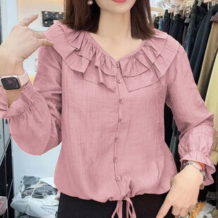 系带喇叭袖 宽松洋气短款 衬衣上衣 女春夏新款 荷叶边娃娃领雪纺衬衫