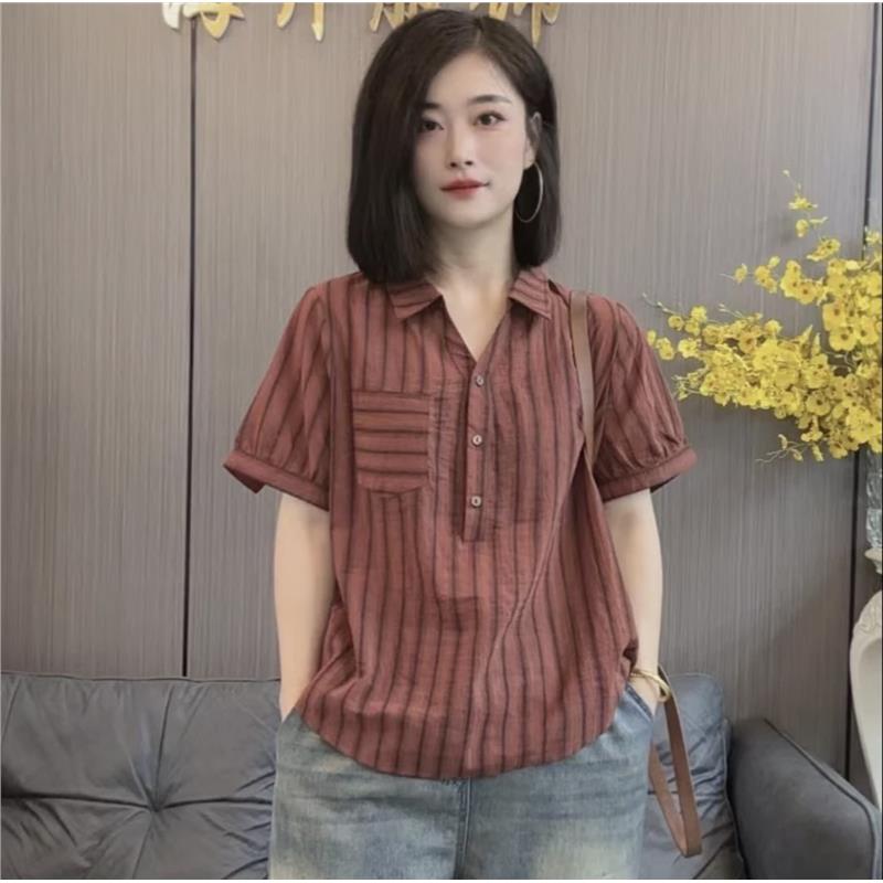 洋气妈装条纹短袖衬衫夏季