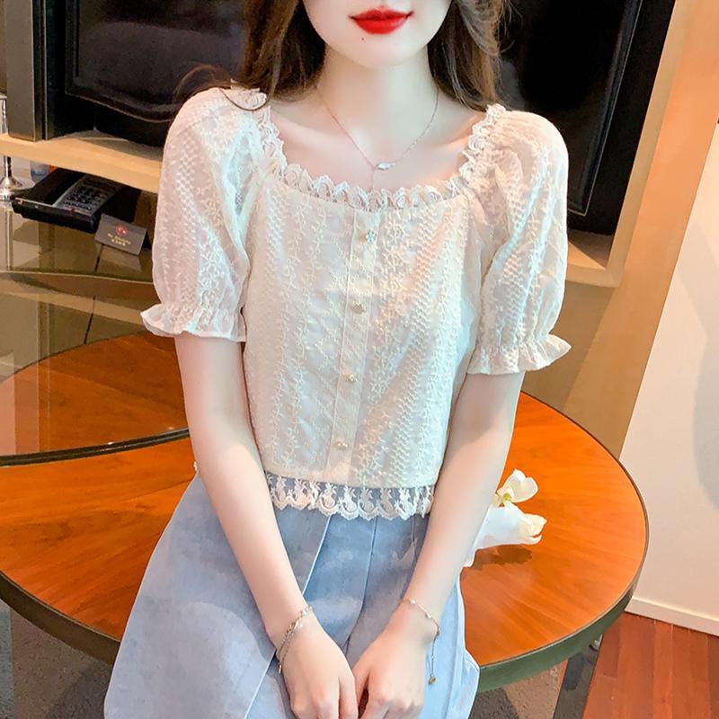 方领泡泡袖短款雪纺衫女夏2025夏季新款休闲百搭减龄女士上衣小衫