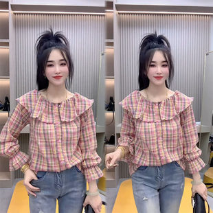 衬衫 荷叶边设计复古格纹宽松遮肉显瘦圆领喇叭袖 法式 2026春夏新款