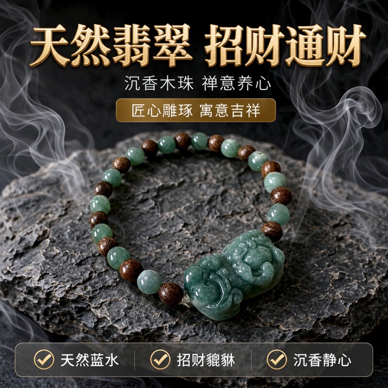缘绘天然a货翡翠蓝水貔貅沉香木珠手链手绳通财玉石男女款