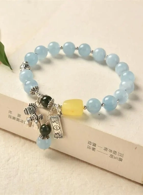 缘绘凤仪 天然海蓝宝手串 女式复古s925银马上有钱海蓝宝手链女