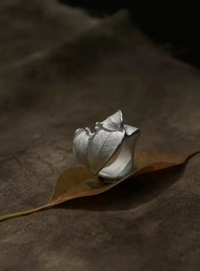 缘绘凤仪 落叶戒指气质树叶 铜烧白工艺 不规则复古开口指环