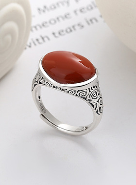 缘绘凤仪S925纯银复古做旧祥云镂空图案镶嵌大南红色石古风开口