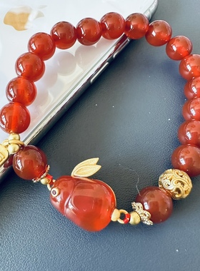 缘绘凤仪 天然优选红玛瑙玉免 925银绣球福牌手链