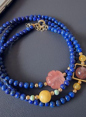 缘绘凤仪  阿富汗天然青金石 蜜蜡珠 三圈 3MM细手链项链