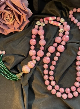 蜜南中古vintage复古宫廷风粉蛙配如意柱老料穆拉诺葫芦长款项链