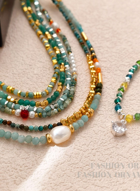 缘绘凤仪 夏季天然石炫彩色锁骨链小众设计颈链个性串珠锁骨链