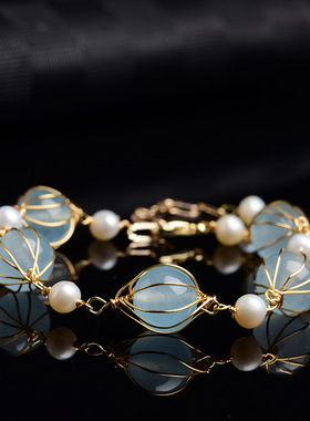 缘绘凤仪 编码11 手工绕丝14K包金线 冰种海蓝宝手链 10MM珠