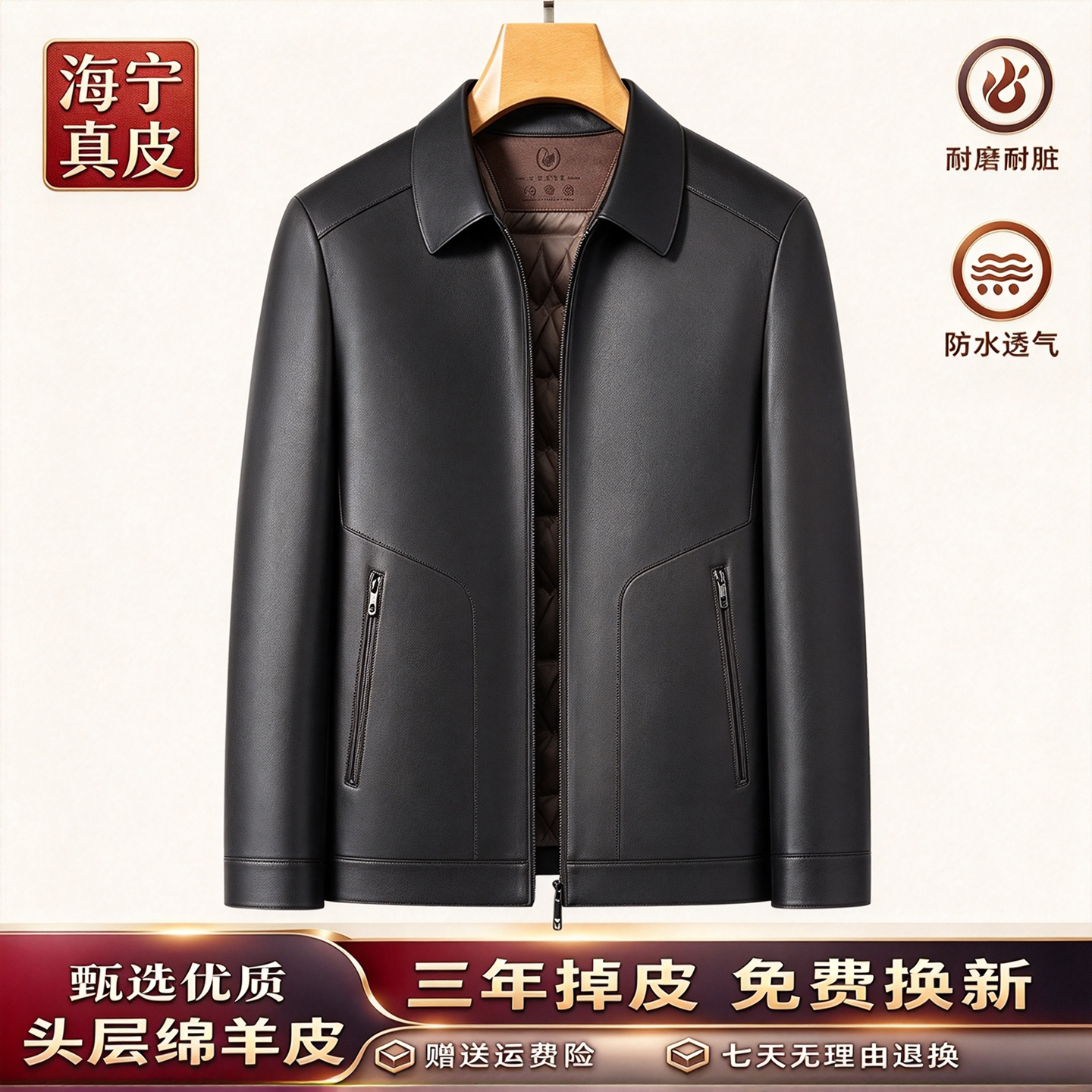 新款冬季海宁真皮皮衣男士中年绵羊皮爸爸装皮夹克羽绒服宽松外套