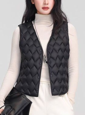 25秋冬简约轻盈保暖90白鸭绒羽绒马甲菱形格V领保暖叠穿内胆25657