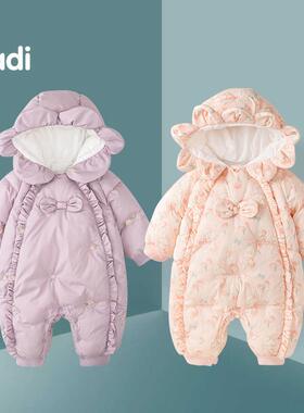 婴儿衣服冬装新生女宝宝连体衣加绒夹棉保暖棉服外出连帽哈衣冬季