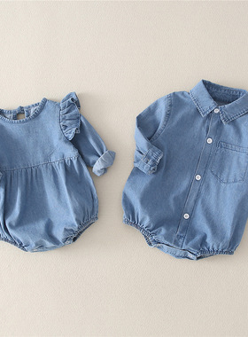 婴儿连体衣秋装龙凤胎宝宝牛仔外出哈衣满月百天礼服包屁爬服夏季