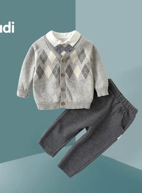 男宝宝秋装礼服三件套婴儿帅气套装儿童一周岁衣服针织外套小西装