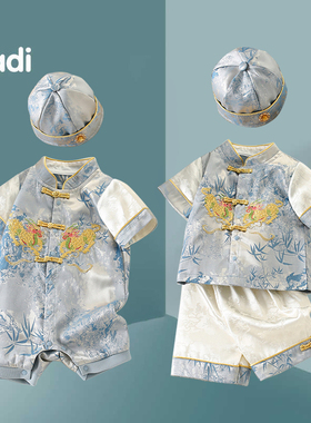 婴儿连体衣夏季新款男宝宝国风小少爷礼服中式帽子两件套唐装汉服