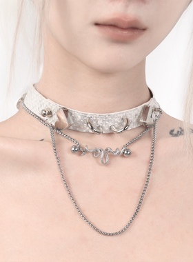 Broken bone原创 亚文化朋克PU皮质蛇纹金属颈饰层次感项链项圈白