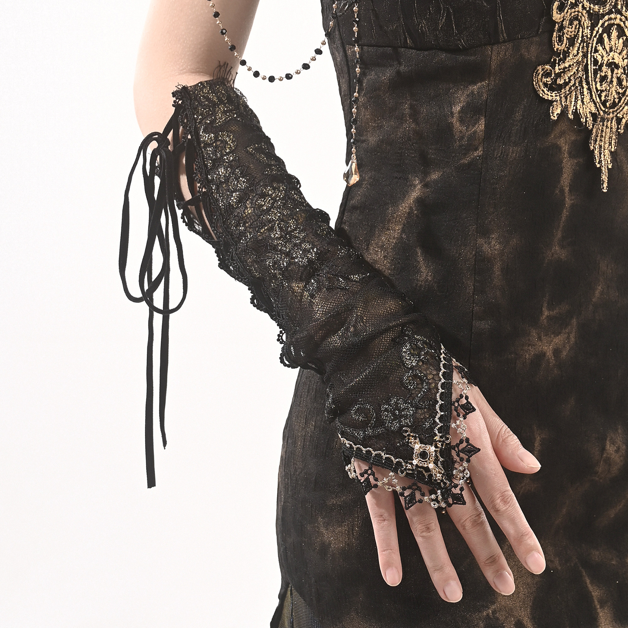BROKEN BONE ORIGINAL DARK GOTHIC DOUBLE LACE STRAP ADJUSTABLE FINGERLESS CROSS GLOVE CUFFS