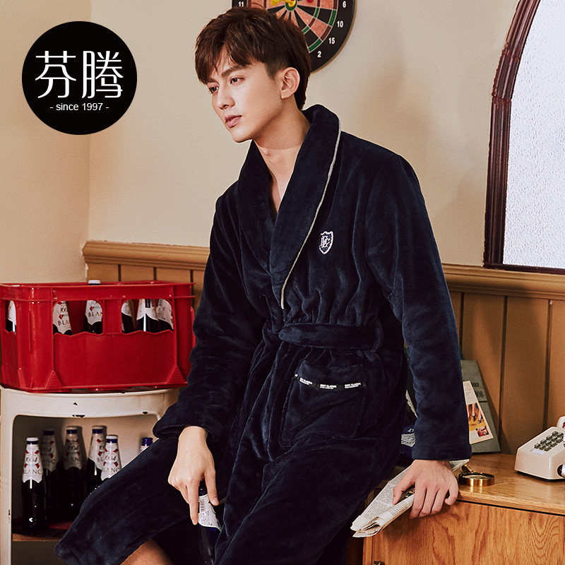 芬腾睡衣男冬季珊瑚绒睡袍男秋冬款加厚加绒保暖法兰绒裕袍男冬天