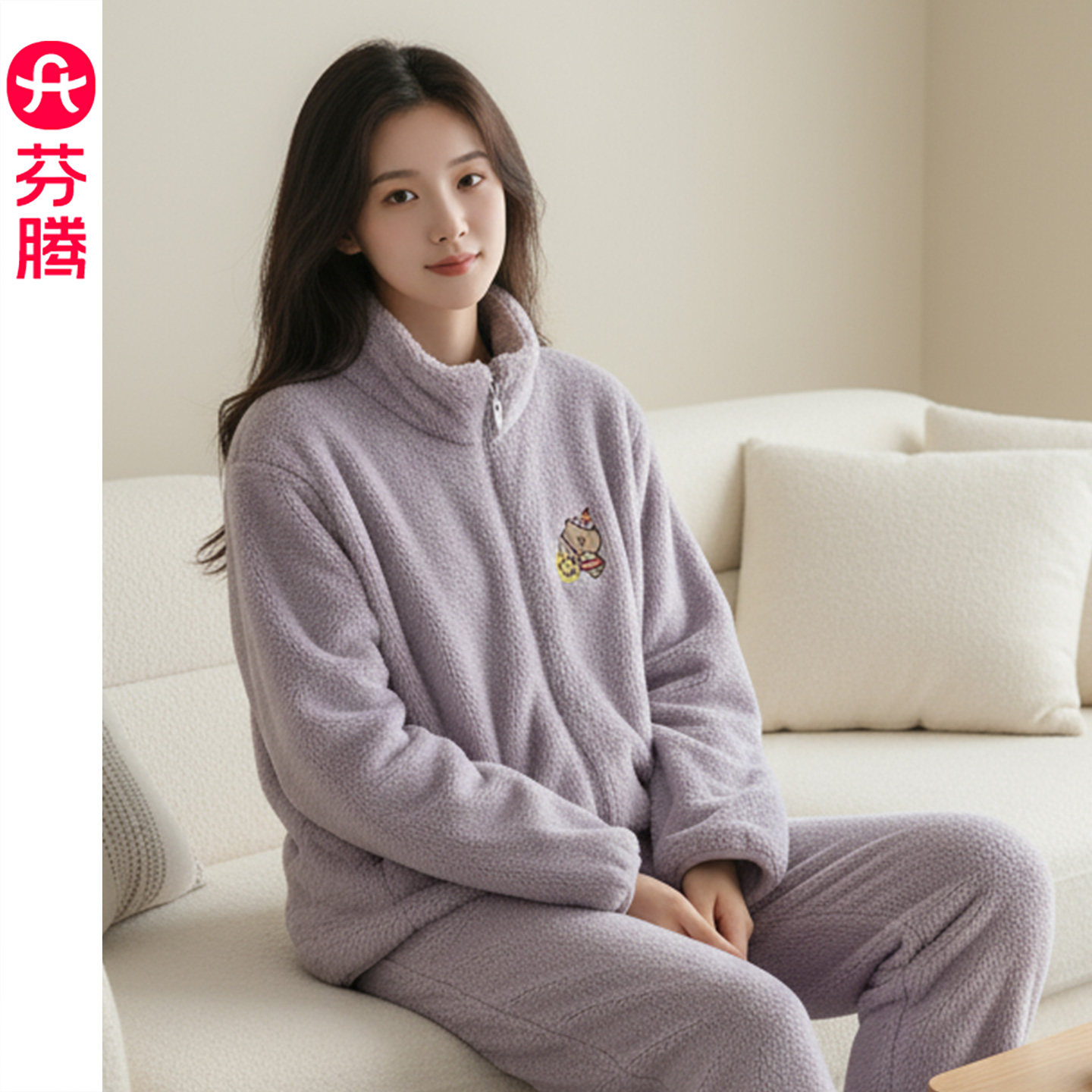 芬腾女冬加绒加厚立领睡衣套装图片