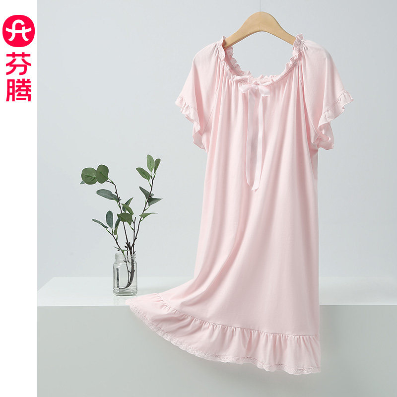 芬腾睡裙女夏季纯棉薄款短袖睡衣性感公主风大码全棉法式连衣裙子
