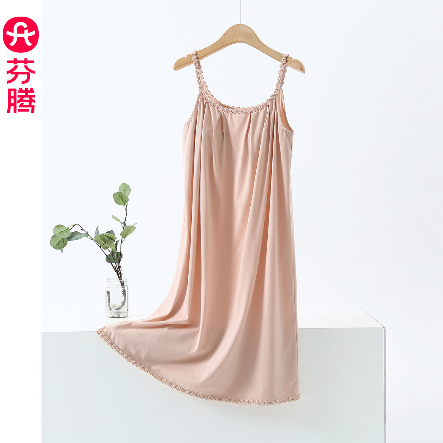 芬腾睡裙女夏2026新款纯棉薄款带胸垫可外穿优雅蕾丝花边吊带裙子