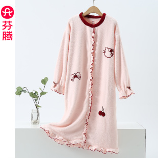 芬腾珊瑚绒睡袍女秋冬加绒加厚甜美圆领外穿家居服睡衣浴袍2025年